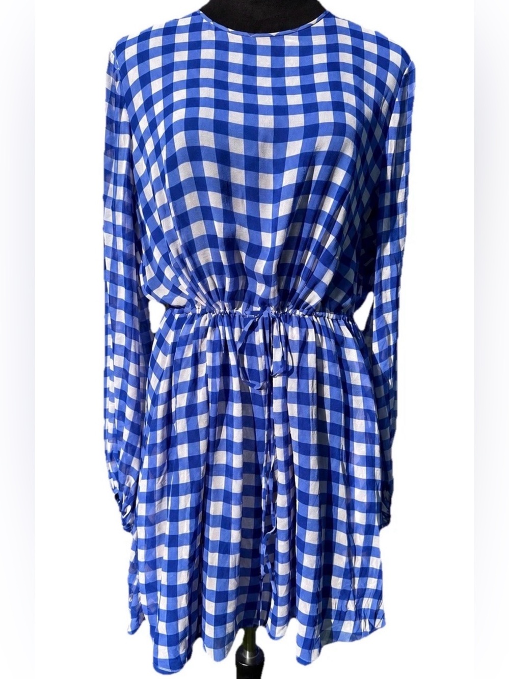 DVF Silk Blue White Gingham Mini Dress Size 14 Cottagecore Boho Designer Luxury
